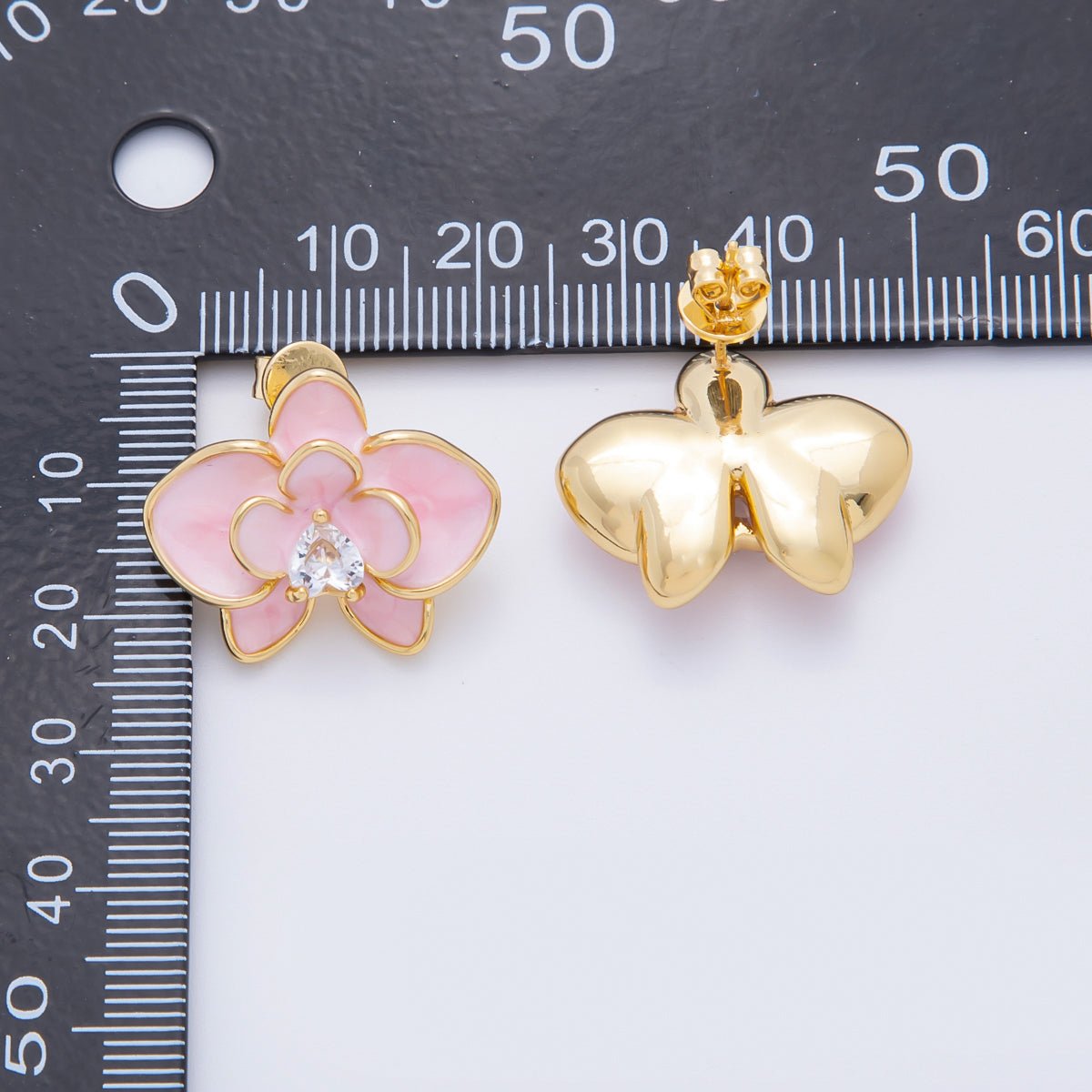 18K Gold Filled Heart - Shaped CZ Enamel Bloom Orchid Floral Studs Earrings in White, Blue, & Pink | AJ195 - AJ197 - DLUXCA