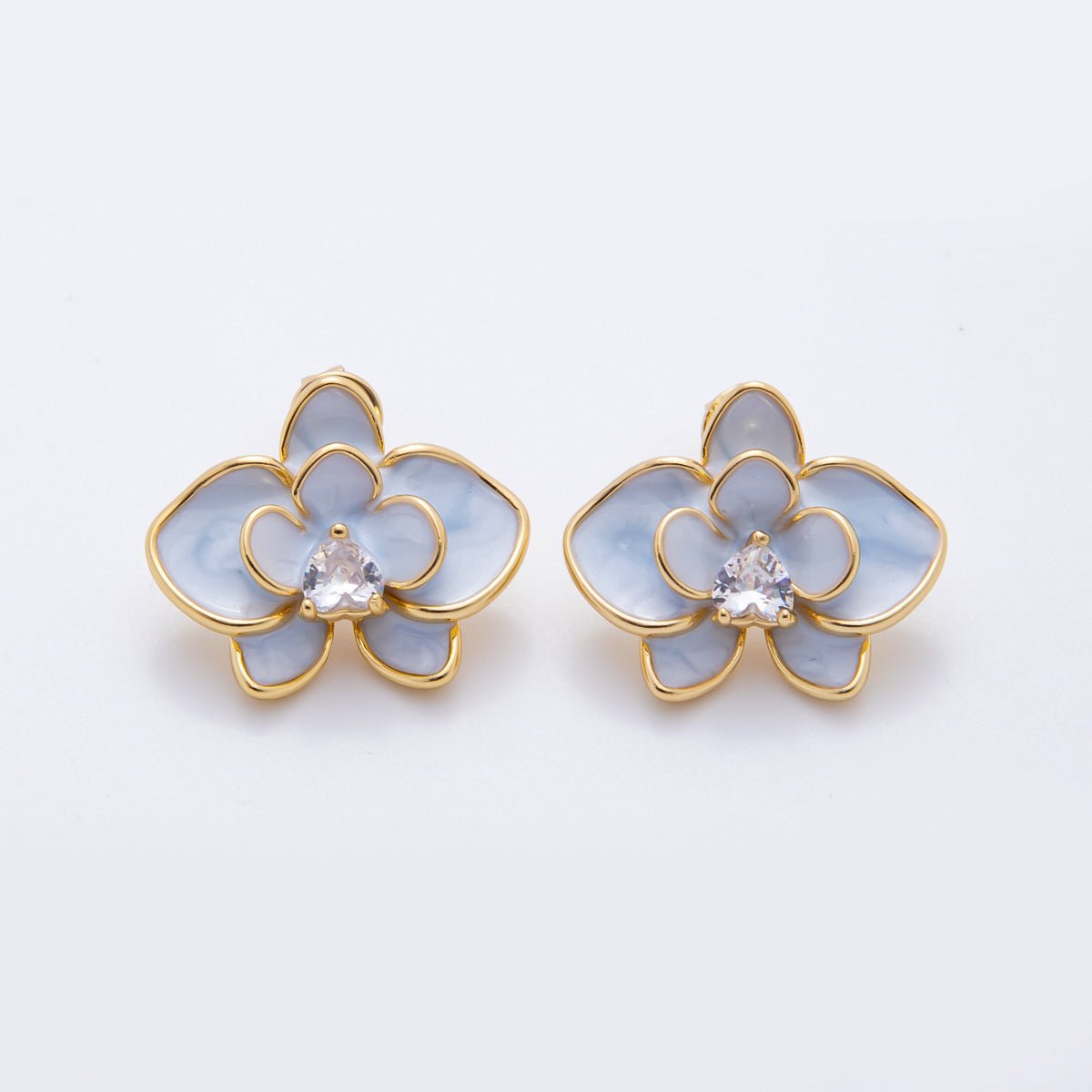 18K Gold Filled Heart - Shaped CZ Enamel Bloom Orchid Floral Studs Earrings in White, Blue, & Pink | AJ195 - AJ197 - DLUXCA