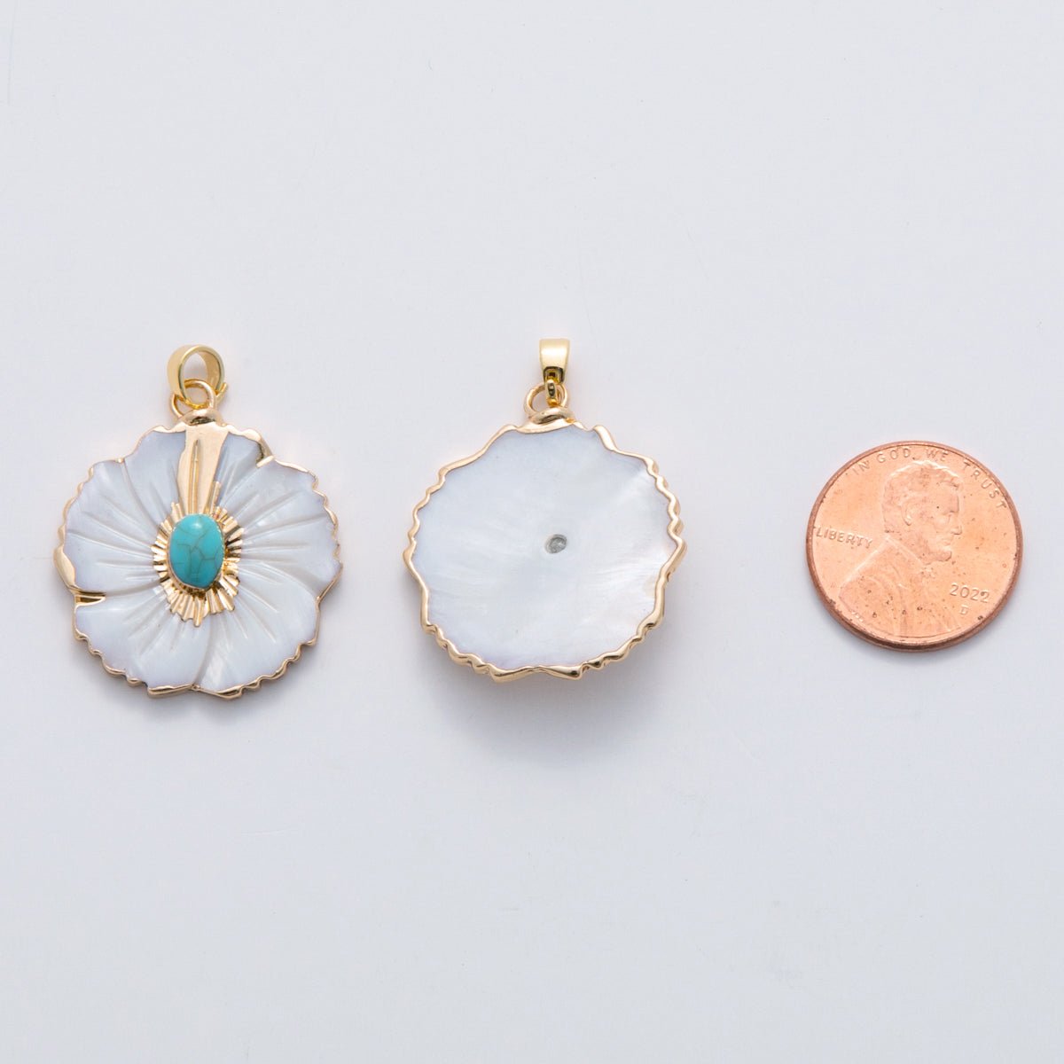 18k gold filled Hibiscus flower Pearl Floral Charm pendant with Turquoise Stone | AH - 698 - DLUXCA