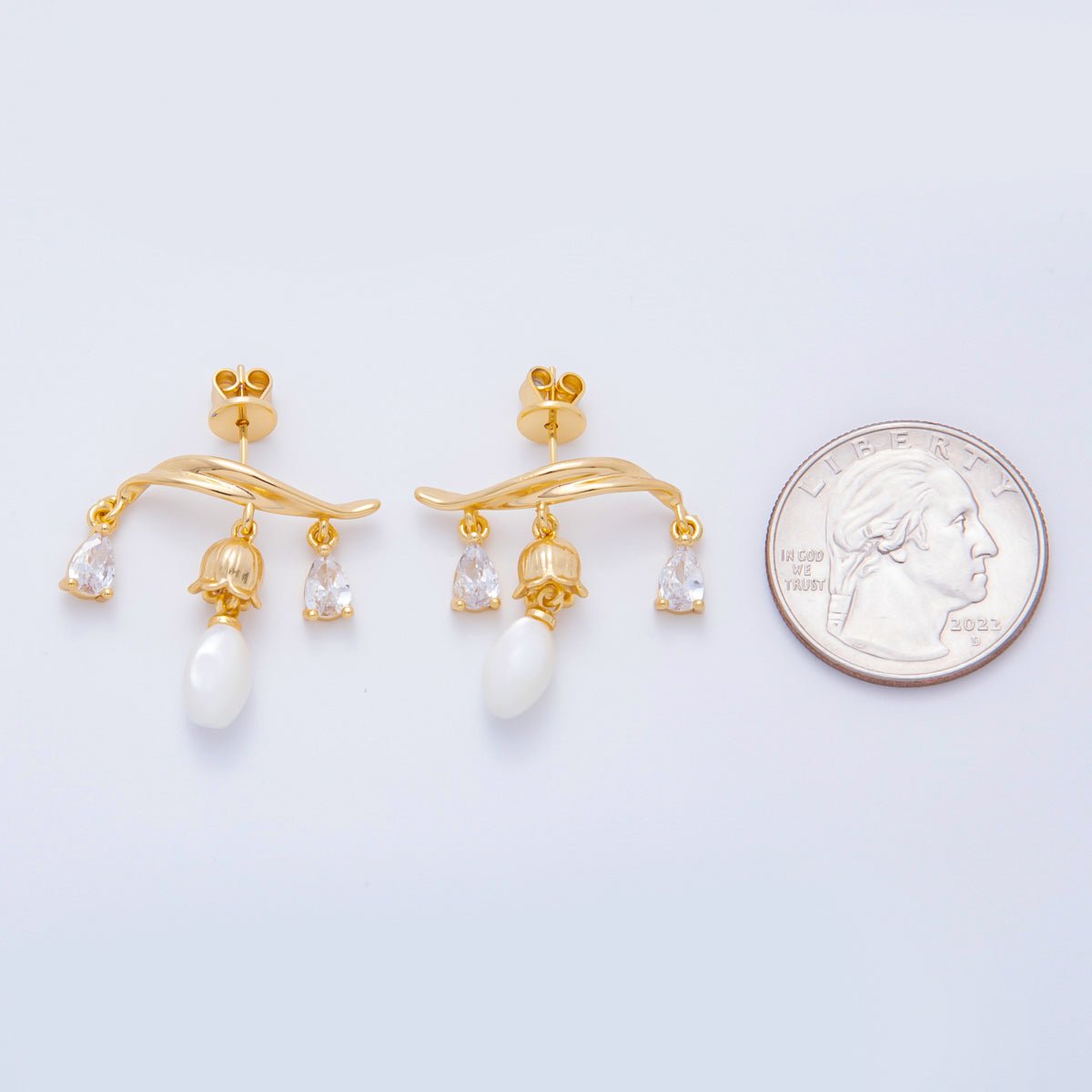 18K Gold Filled Lily Flower Teardrop CZ Shell Pearl Drop Stud Earrings | AJ191 - DLUXCA