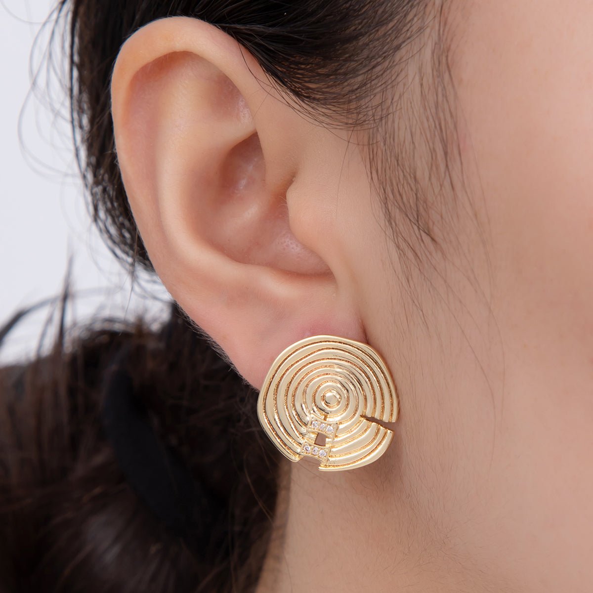 18K Gold Filled Micro Pave CZ Round Spiral Geometric Stud Earrings | AI - 417 - DLUXCA