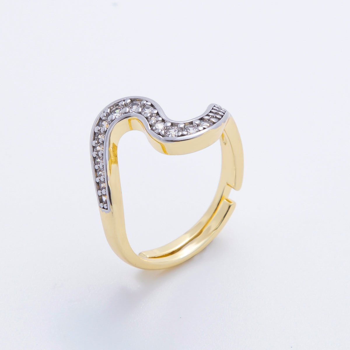 18K Gold Filled Micro Paved CZ Bended Wave Adjustable Ring in Gold & Two - Toned | O - A2169 - DLUXCA