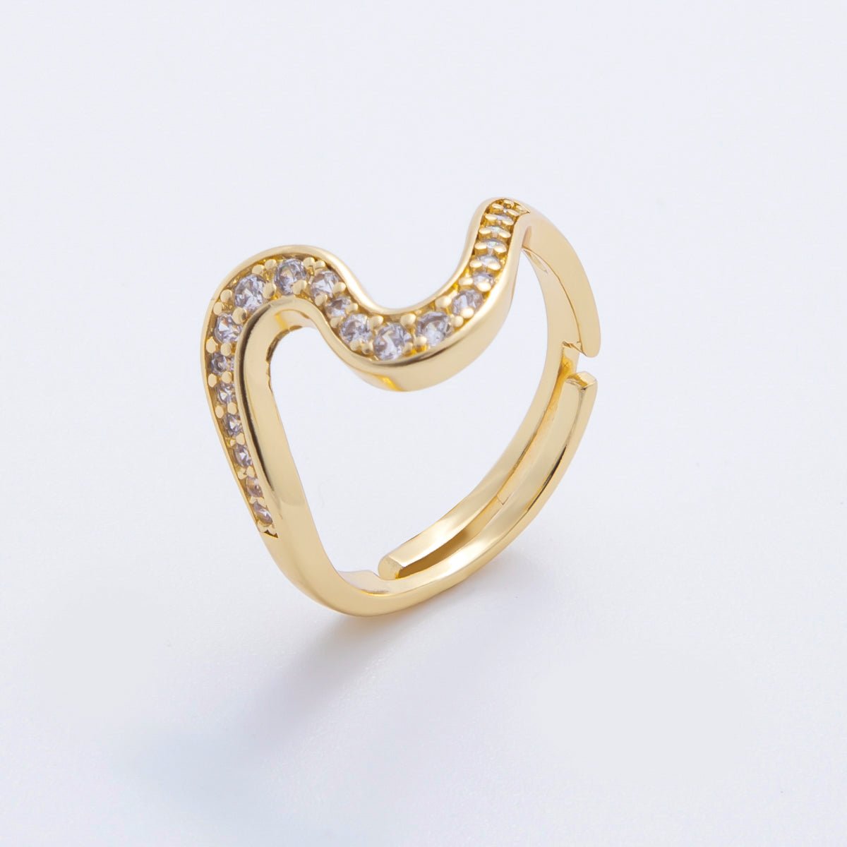 18K Gold Filled Micro Paved CZ Bended Wave Adjustable Ring in Gold & Two - Toned | O - A2169 - DLUXCA