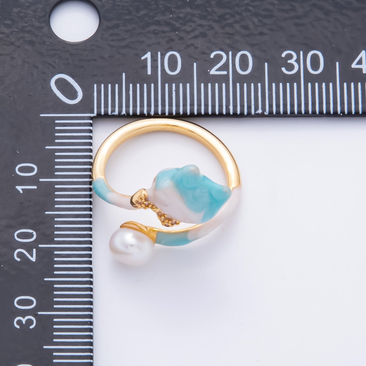 18K Gold Filled Micro Paved CZ Blue Enamel Art Cat - Shaped with Shell Pearl Adjustable Ring | O - 024 - DLUXCA