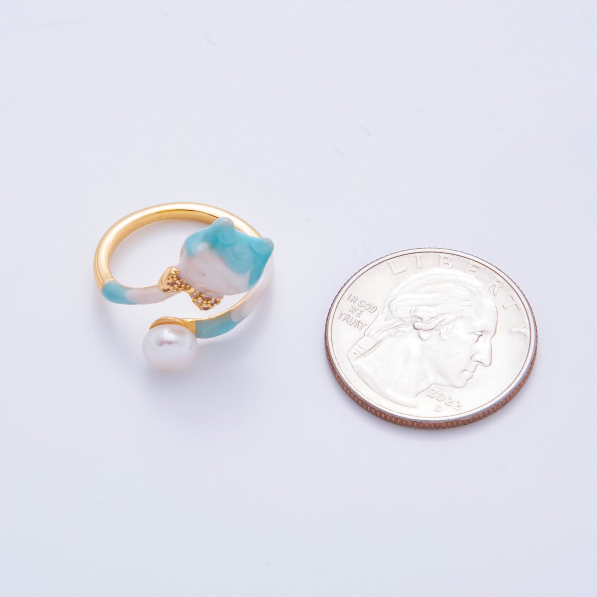 18K Gold Filled Micro Paved CZ Blue Enamel Art Cat - Shaped with Shell Pearl Adjustable Ring | O - 024 - DLUXCA