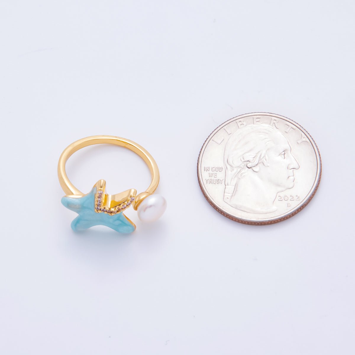 18K Gold Filled Micro Paved CZ Blue Enamel Art Sea Starfish with Shell Pearl Adjustable Ring | O - 014 - DLUXCA
