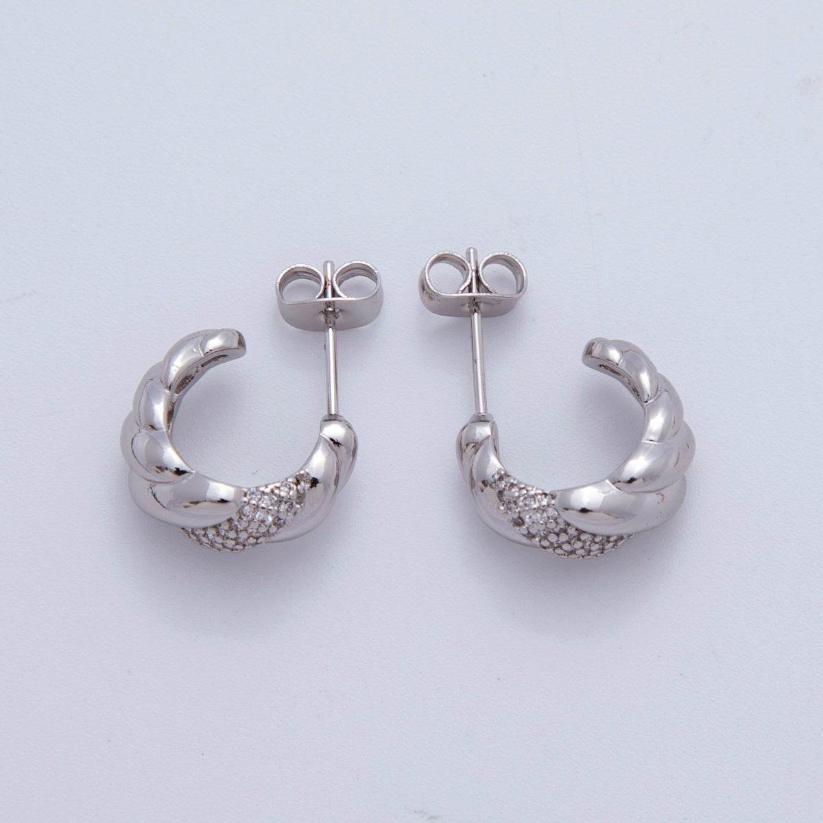 18K Gold Filled Micro Paved CZ Braided Twist Croissant C - Shaped Stud Earrings in Gold and Silver | AI411 - DLUXCA