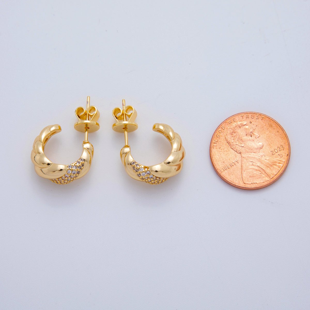 18K Gold Filled Micro Paved CZ Braided Twist Croissant C - Shaped Stud Earrings in Gold and Silver | AI411 - DLUXCA