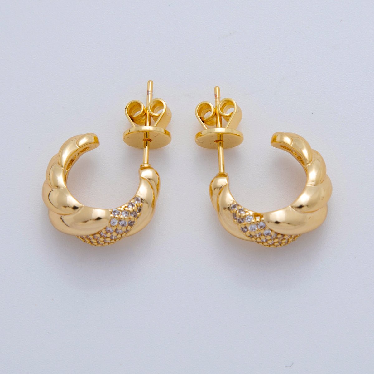 18K Gold Filled Micro Paved CZ Braided Twist Croissant C - Shaped Stud Earrings in Gold and Silver | AI411 - DLUXCA