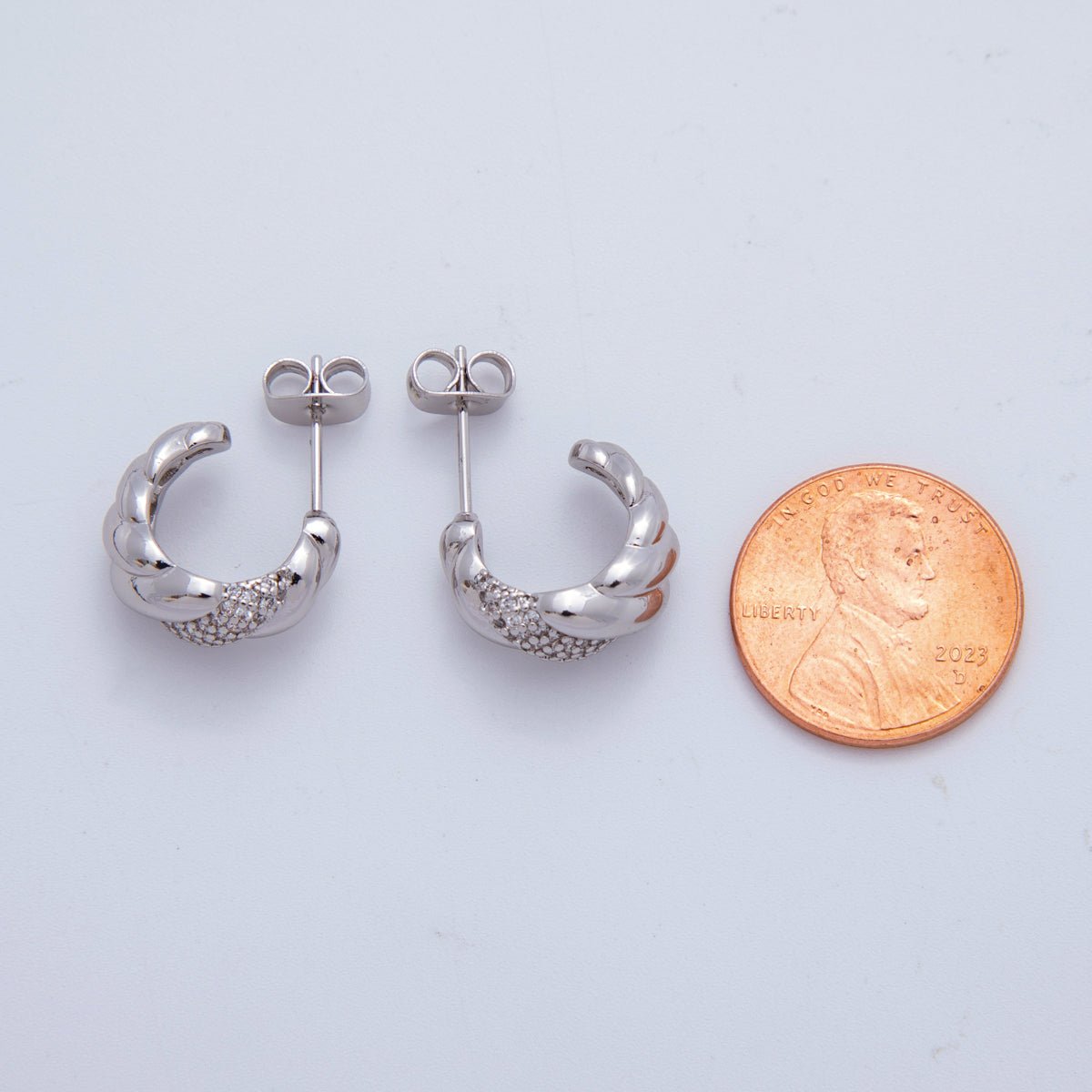 18K Gold Filled Micro Paved CZ Braided Twist Croissant C - Shaped Stud Earrings in Gold and Silver | AI411 - DLUXCA