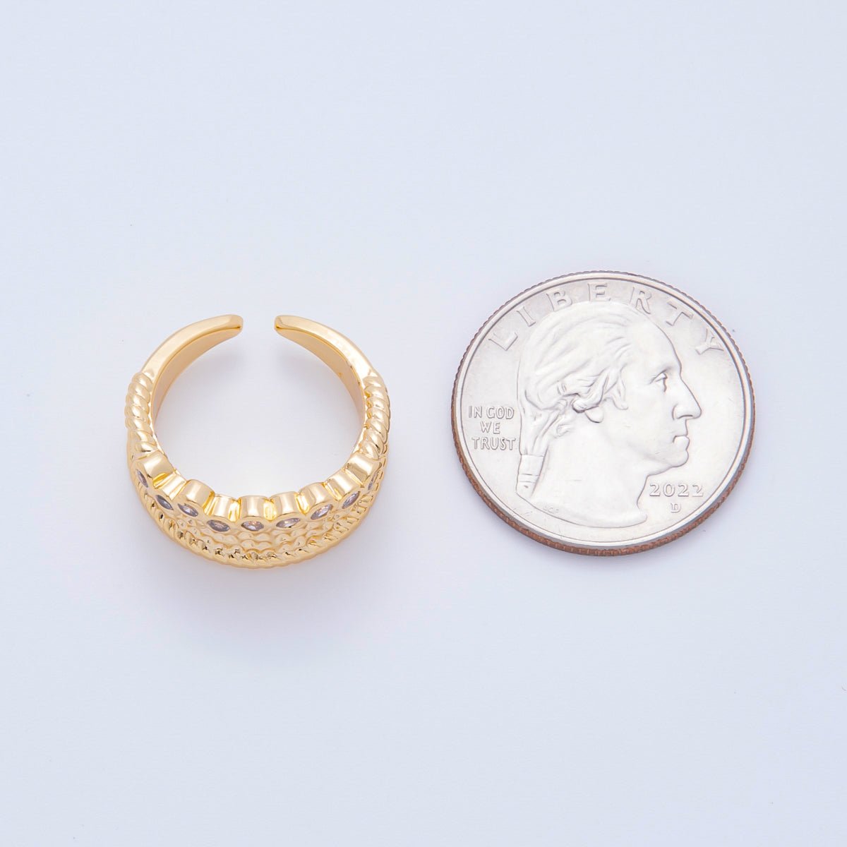 18K Gold Filled Micro Paved CZ Dotted Texture Dome Open Ring | O476 - DLUXCA