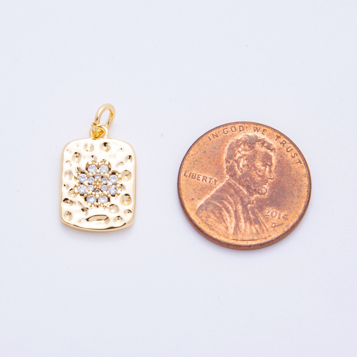 18K Gold Filled Micro Paved CZ Hammered Rectangular Tag Charm in Gold & Silver | E727 - DLUXCA