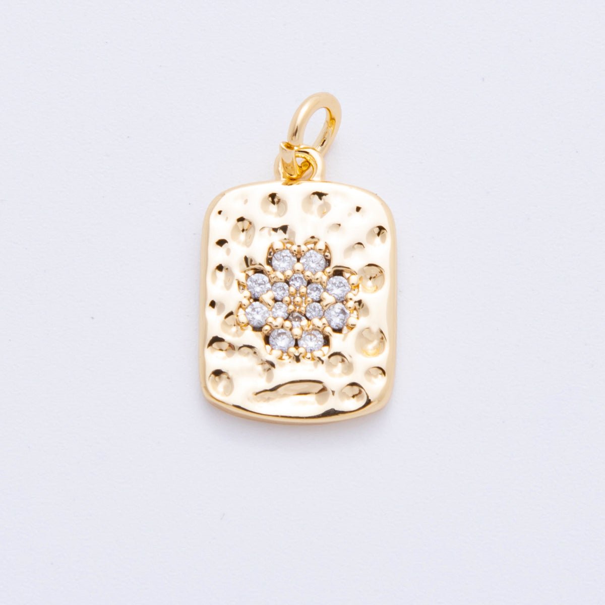 18K Gold Filled Micro Paved CZ Hammered Rectangular Tag Charm in Gold & Silver | E727 - DLUXCA