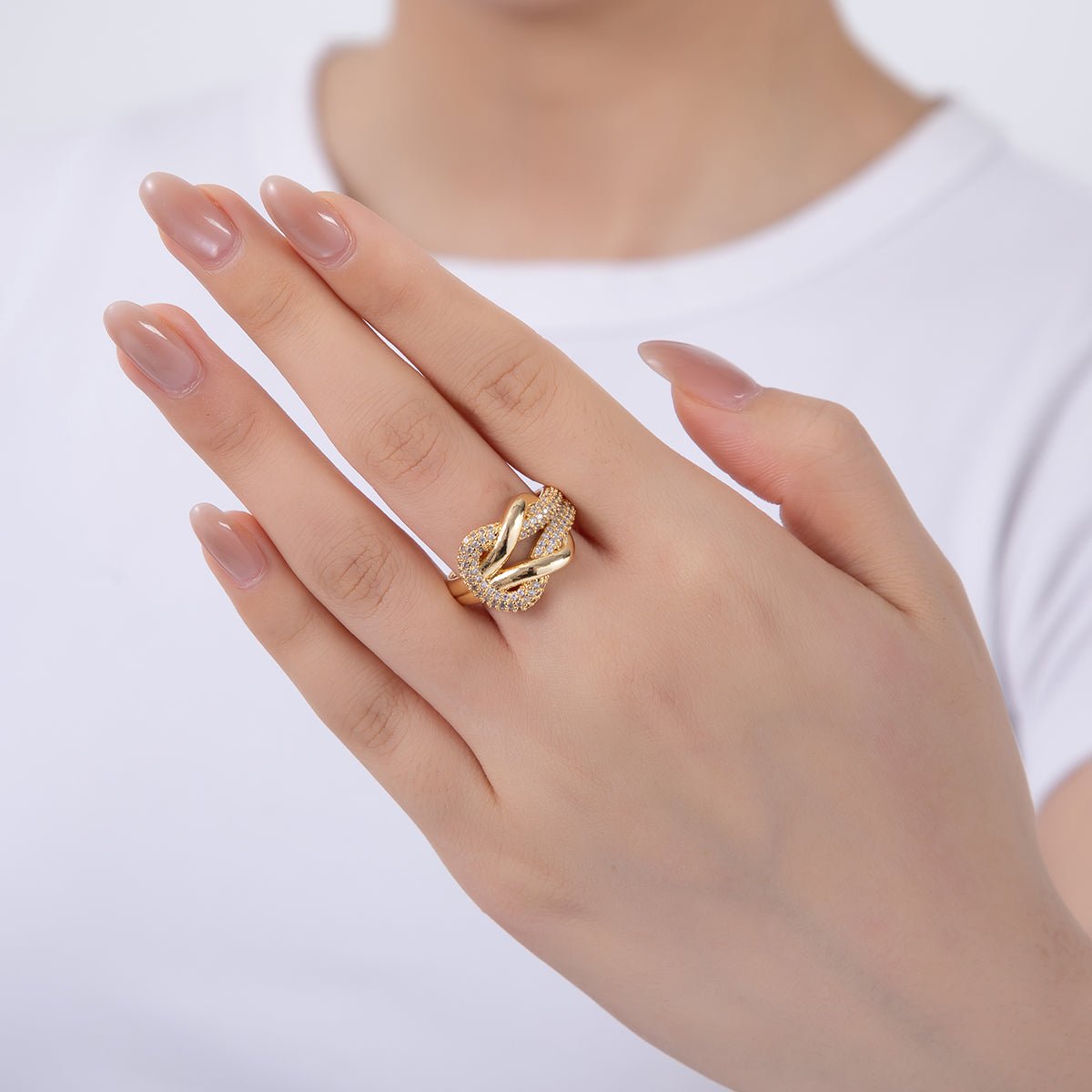 18K Gold Filled Micro Paved CZ Knot Band Ring | O1924 - DLUXCA