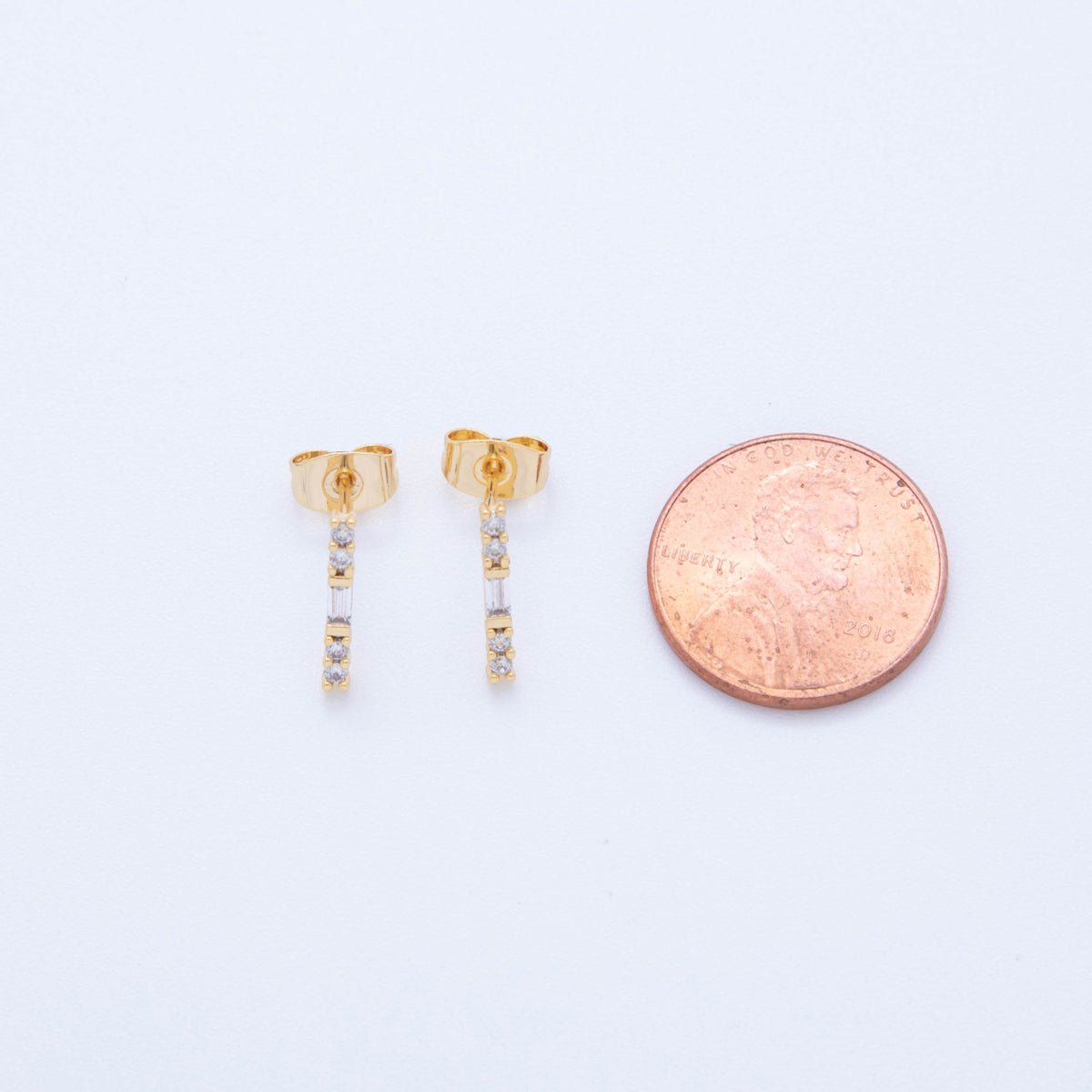 18K Gold Filled Micro Paved CZ Lined Center Accented Light Drop Stud Earrings | AI398 - DLUXCA