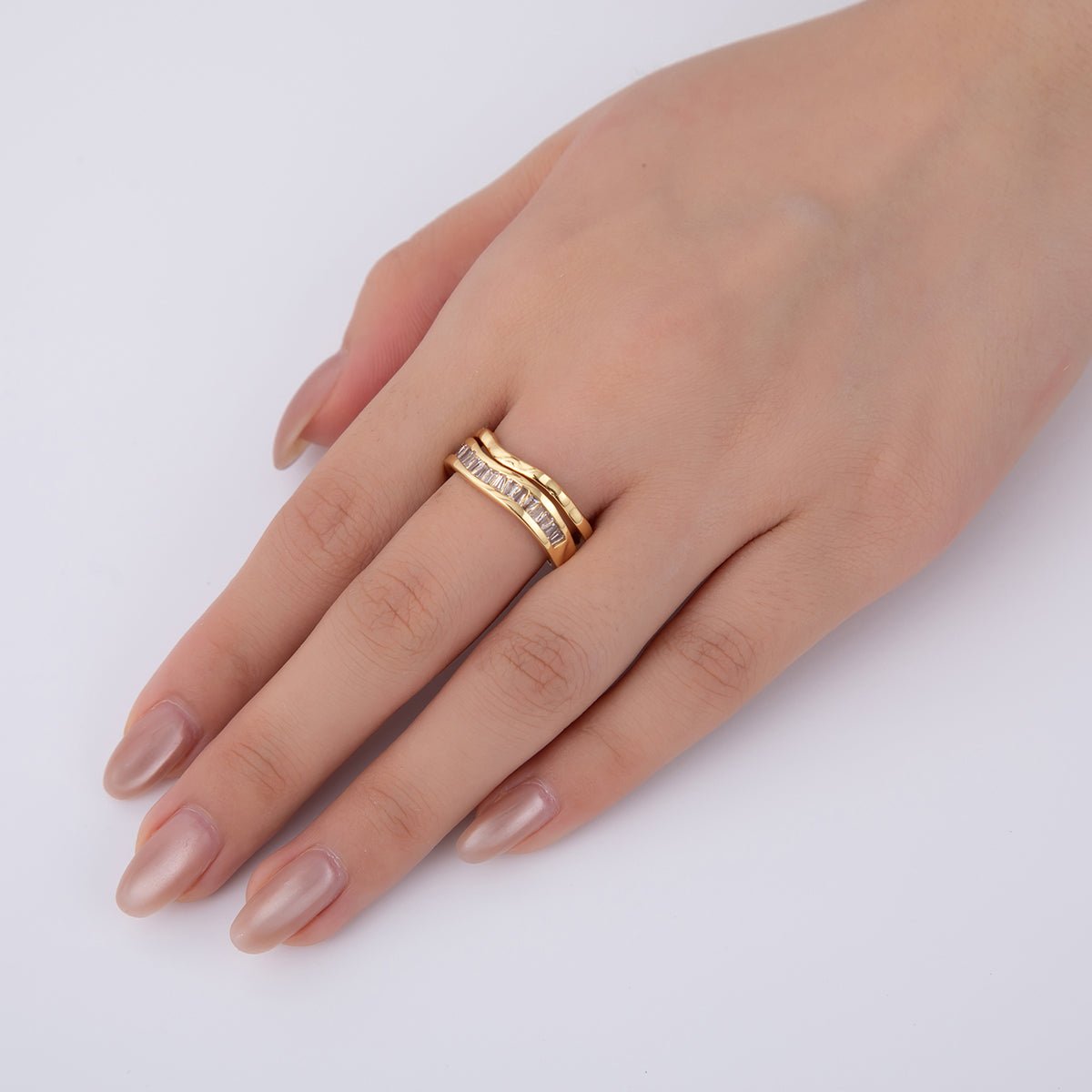 18K Gold Filled Micro Paved CZ Molten Wave Double Band Ring | O1995 - DLUXCA