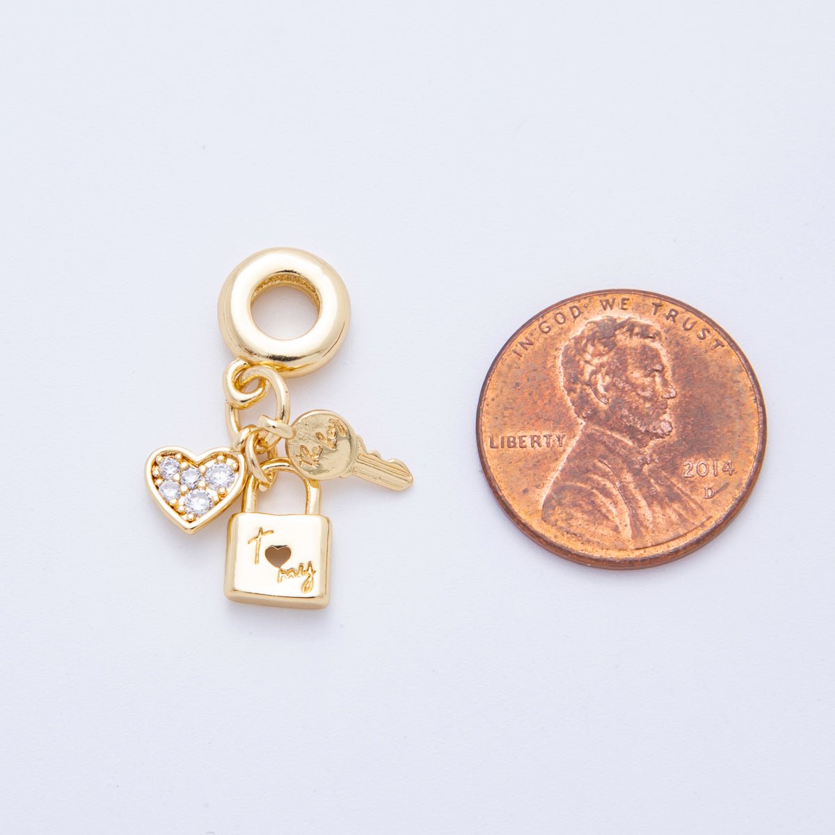 18K Gold Filled Micro Paved CZ Padlock Key Heart Rondelle Drop Charm | E716 - DLUXCA
