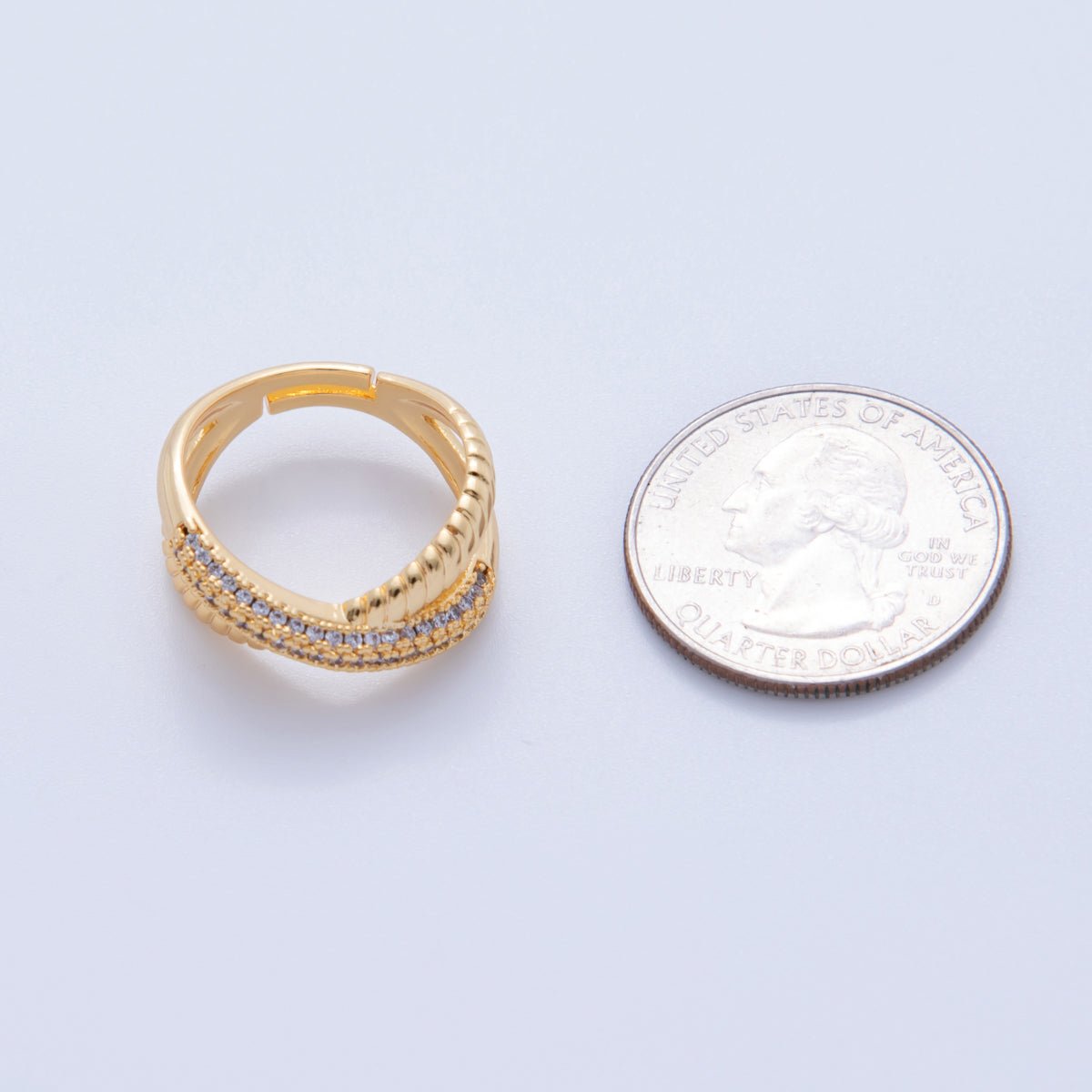 18K Gold Filled Micro Paved CZ Ribbed Crossed Band Ring | O1920 - DLUXCA