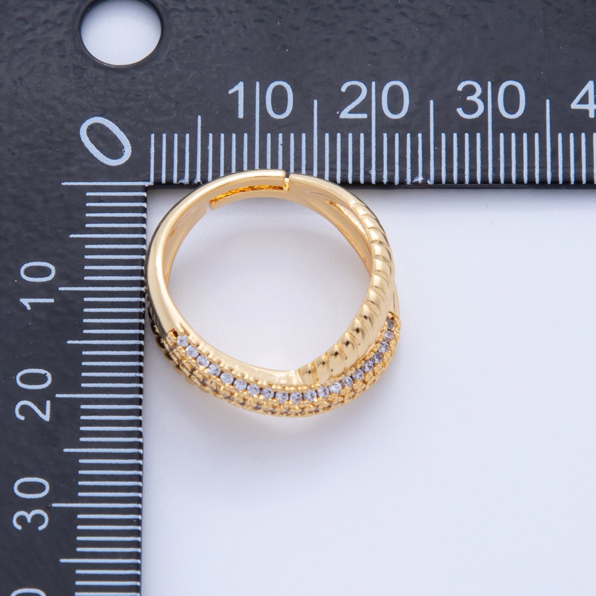 18K Gold Filled Micro Paved CZ Ribbed Crossed Band Ring | O1920 - DLUXCA