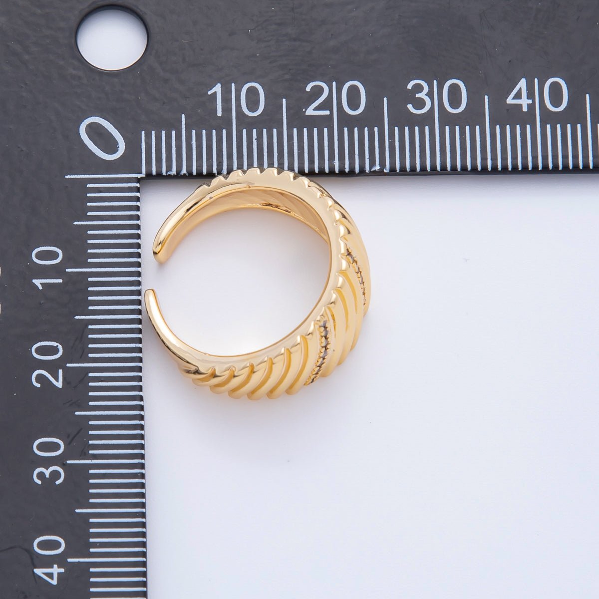 18K Gold Filled Micro Paved CZ Ribbed Line - Textured Wide Dome Ring | O485 - DLUXCA