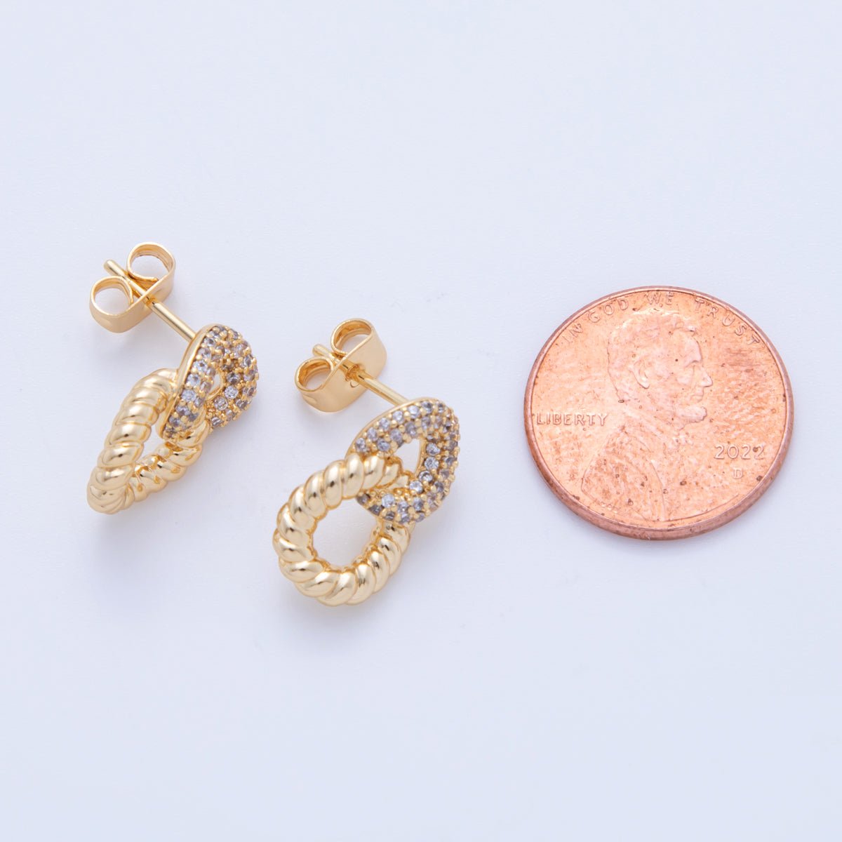 18K Gold Filled Micro Paved CZ Rope Link Stud Earrings | AI379 - DLUXCA