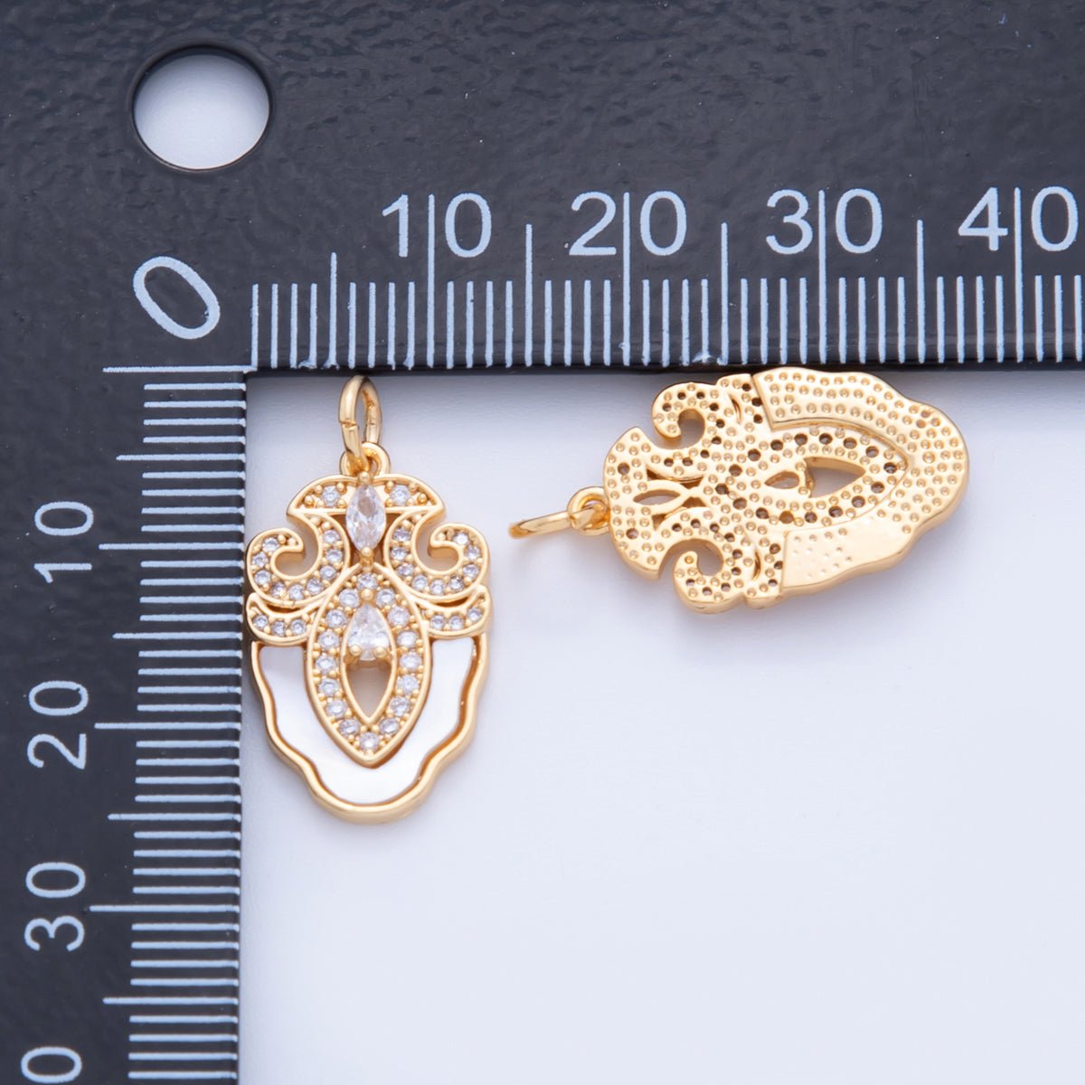 18K Gold Filled Micro Paved CZ Shell Pearl Artisan Geometric Charm | AF344 - DLUXCA