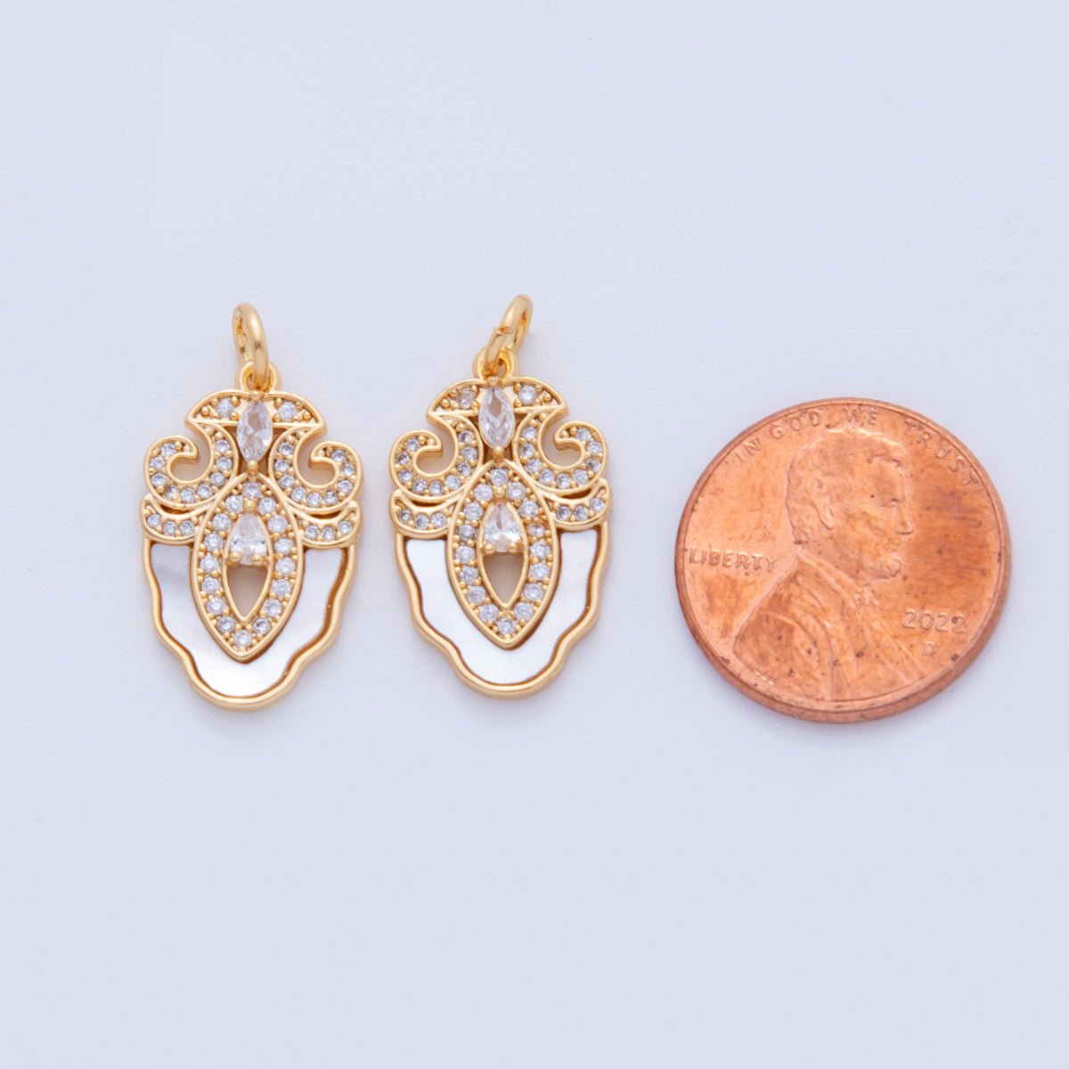 18K Gold Filled Micro Paved CZ Shell Pearl Artisan Geometric Charm | AF344 - DLUXCA