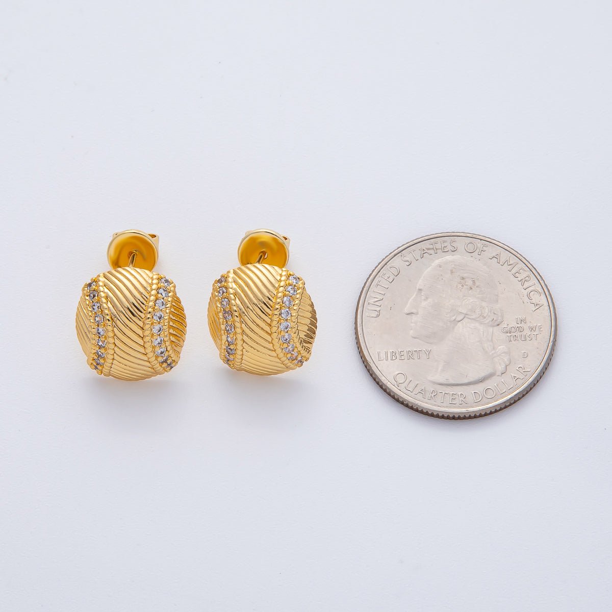 18K Gold Filled Micro Paved CZ Textured Baseball Sports Stud Earrings | AD1631 - DLUXCA