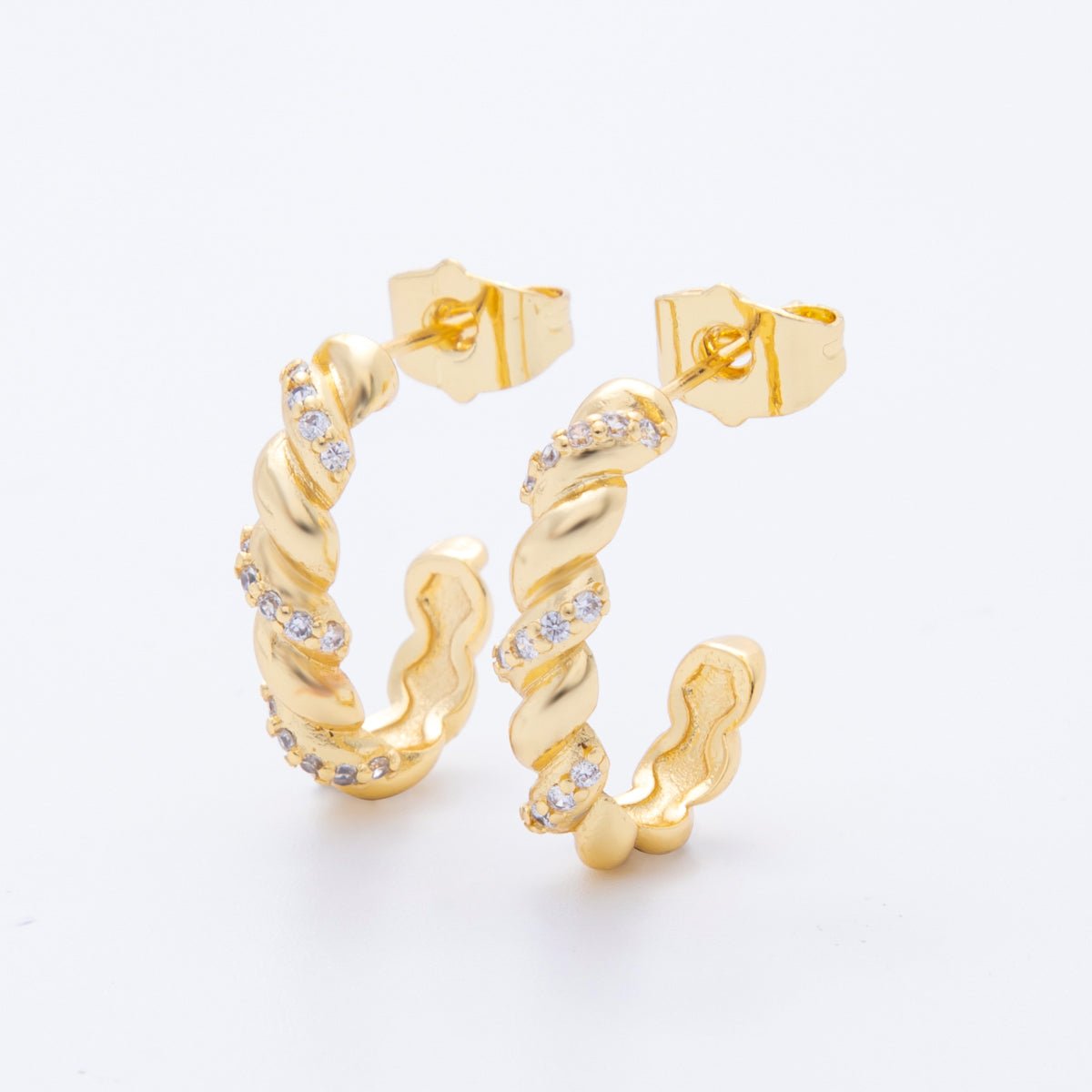 18K Gold Filled Micro Paved CZ Twisted C - Shaped Hoop Earrings in Gold & Silver | AJ207 AJ208 - DLUXCA