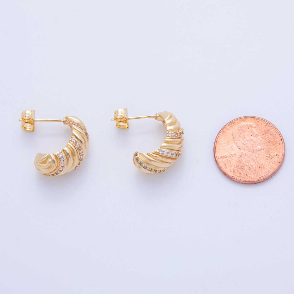 18K Gold Filled Micro Paved CZ Twisted Croissant Drop Stud Earrings | AI372 - DLUXCA