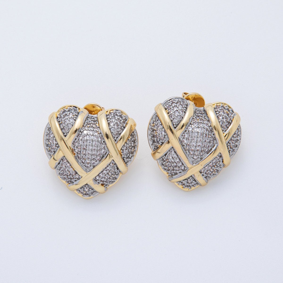 18K Gold Filled Micro Paved CZ Woven Heart Mixed Metal Stud Earrings | AI344 - DLUXCA