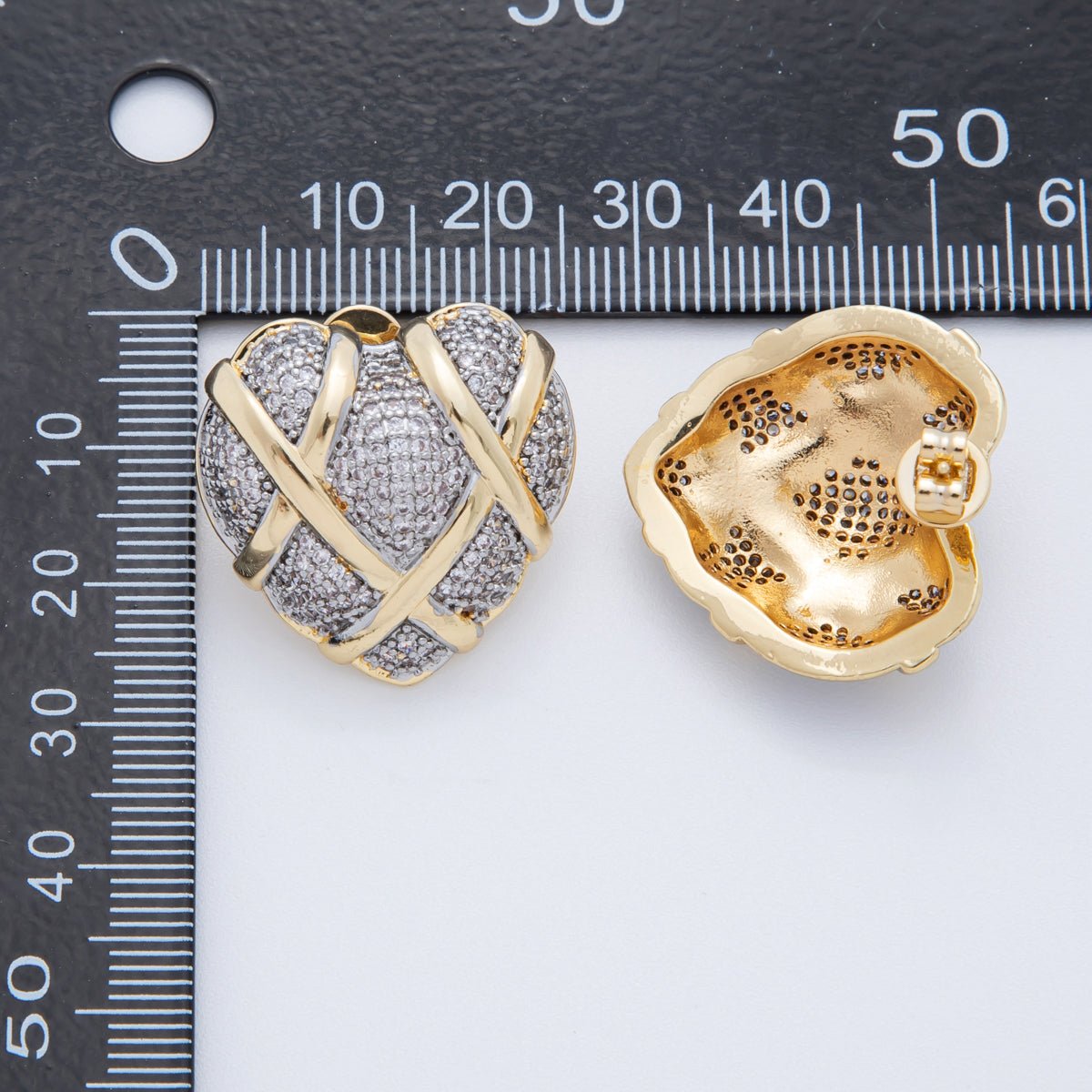 18K Gold Filled Micro Paved CZ Woven Heart Mixed Metal Stud Earrings | AI344 - DLUXCA