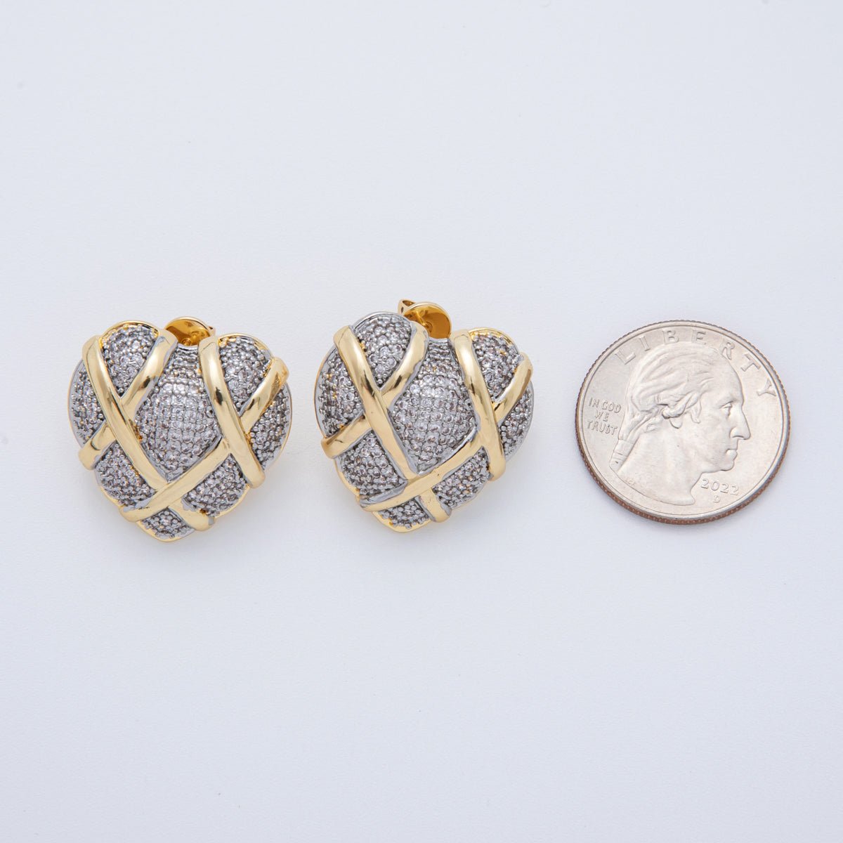 18K Gold Filled Micro Paved CZ Woven Heart Mixed Metal Stud Earrings | AI344 - DLUXCA