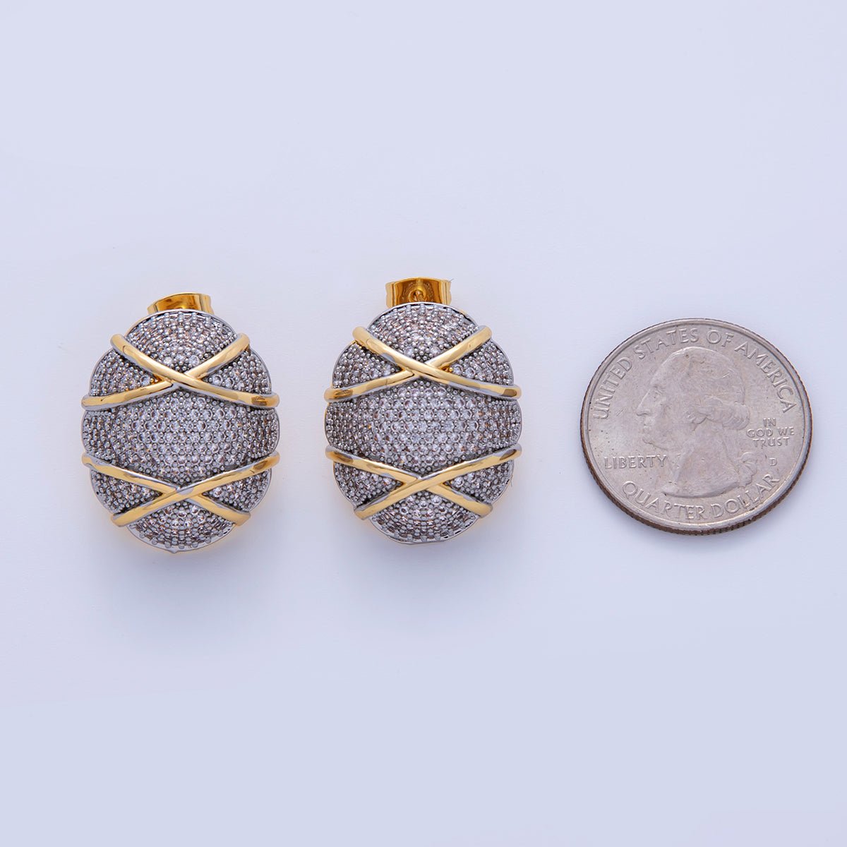 18K Gold Filled Micro Paved CZ Woven Round Mixed Metal Stud Earrings | AI436 - DLUXCA