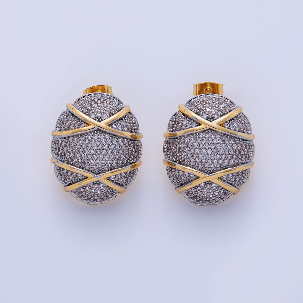 18K Gold Filled Micro Paved CZ Woven Round Mixed Metal Stud Earrings | AI436 - DLUXCA