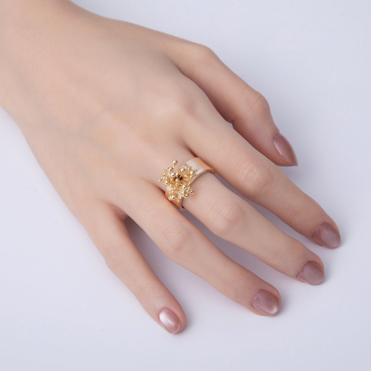18K Gold Filled Minimalist Beaded Flower Wide Band Ring | O605 - DLUXCA