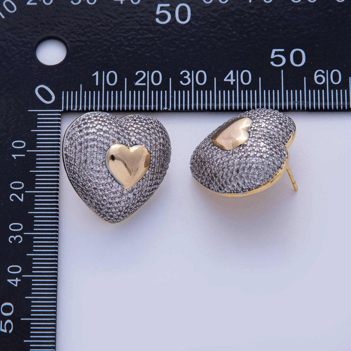18K Gold Filled Mixed Metal Micro Paved CZ Dome Heart Stud Earrings | AI343 - DLUXCA