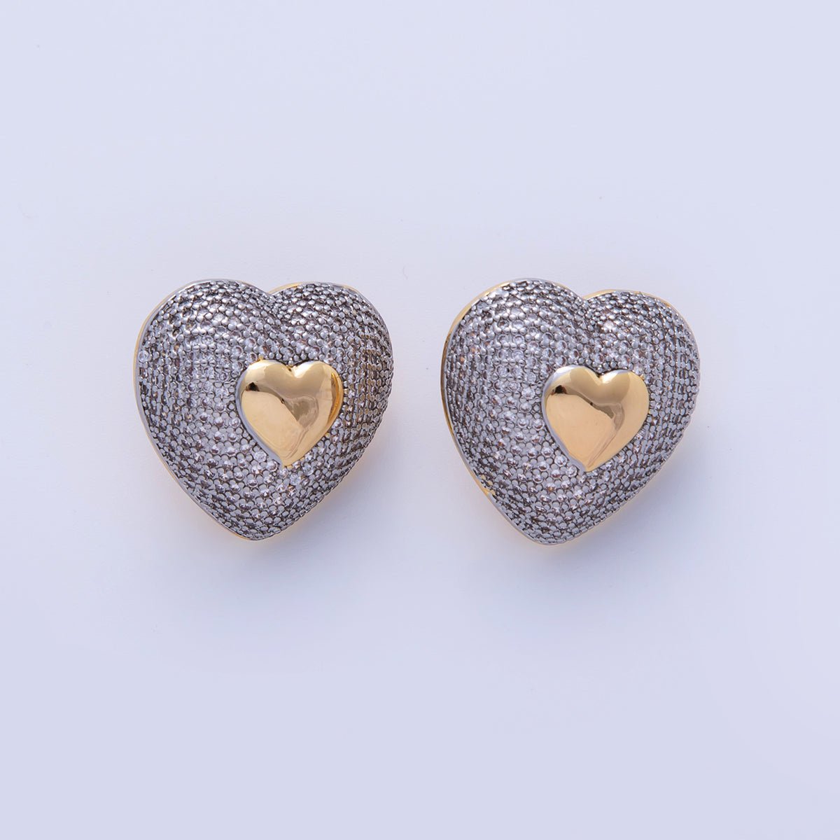 18K Gold Filled Mixed Metal Micro Paved CZ Dome Heart Stud Earrings | AI343 - DLUXCA