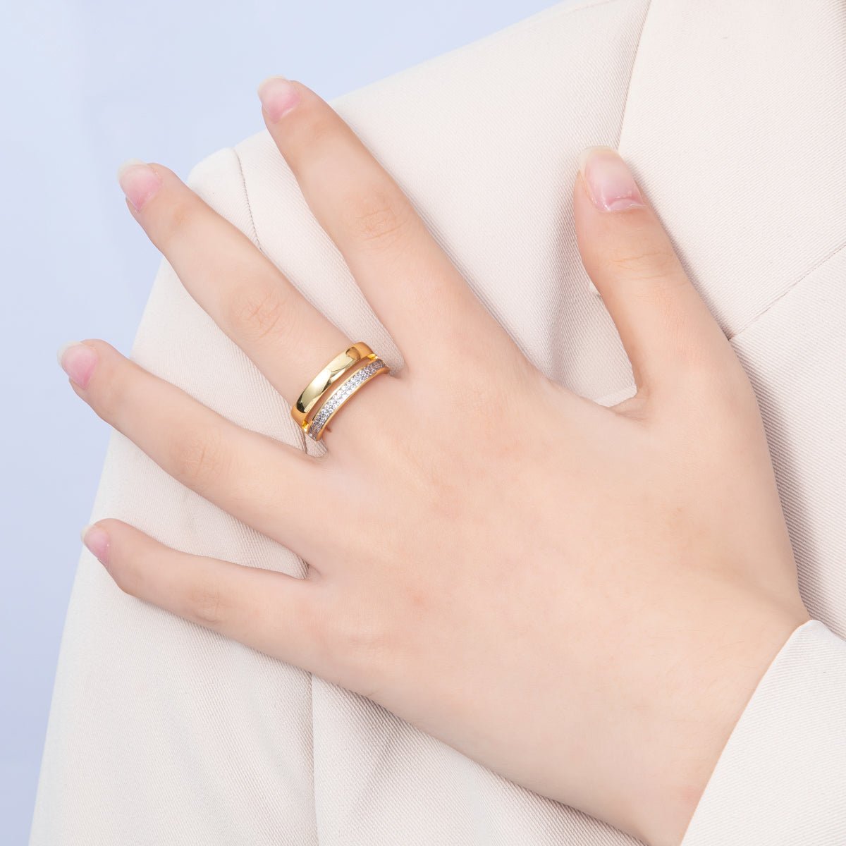 18K Gold Filled Mixed Metal Micro Paved CZ Double Band Ring | Rings - 00020 - DLUXCA