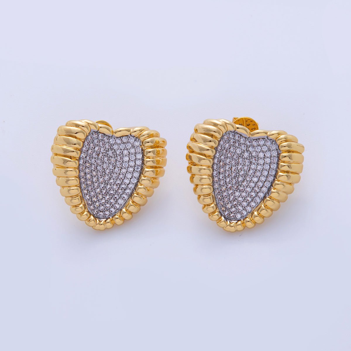 18K Gold Filled Mixed Metal Micro Paved CZ Heart Croissant Stud Earrings | AI336 - DLUXCA