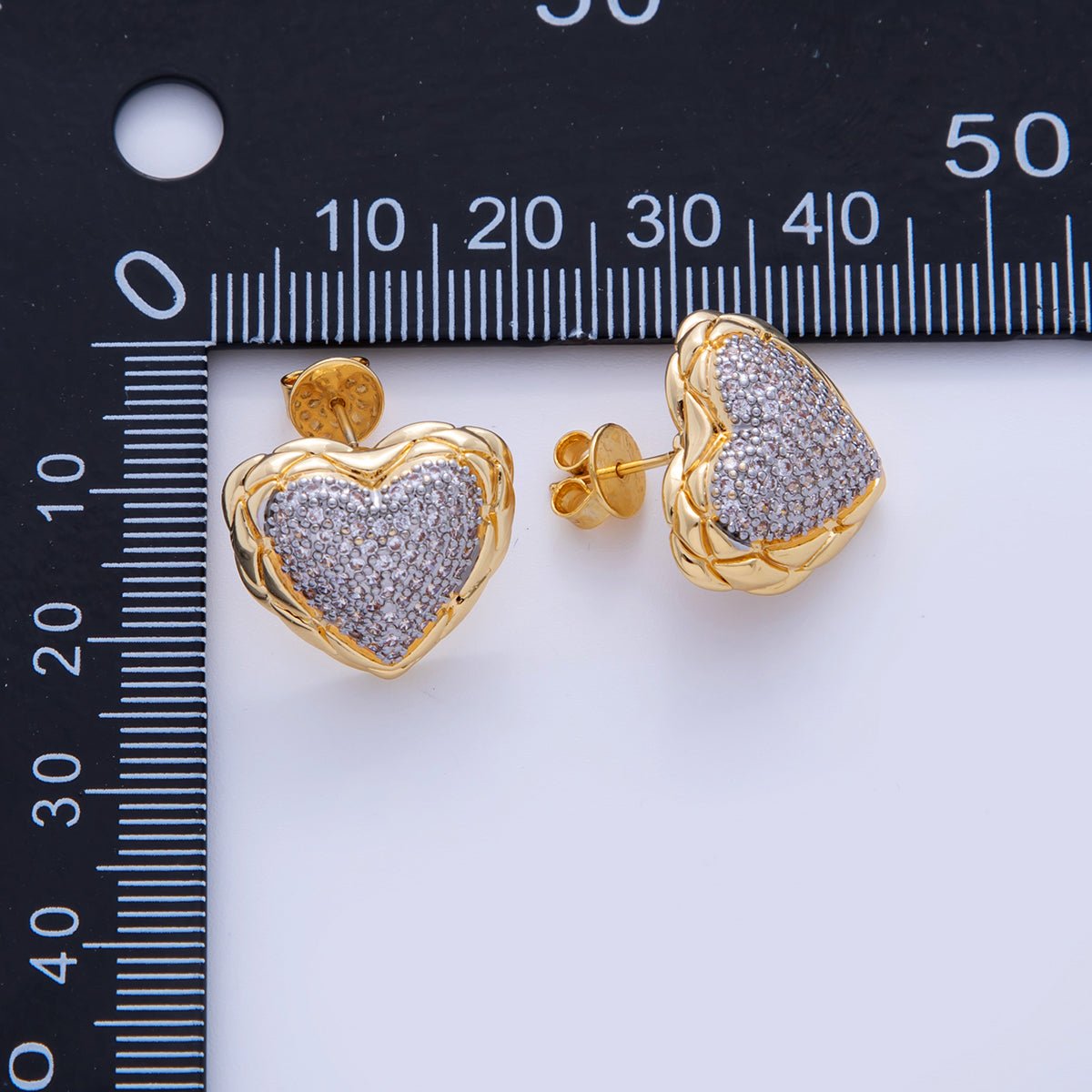 18K Gold Filled Mixed Metal Micro Paved CZ Molten Heart Stud Earrings | AI345 - DLUXCA
