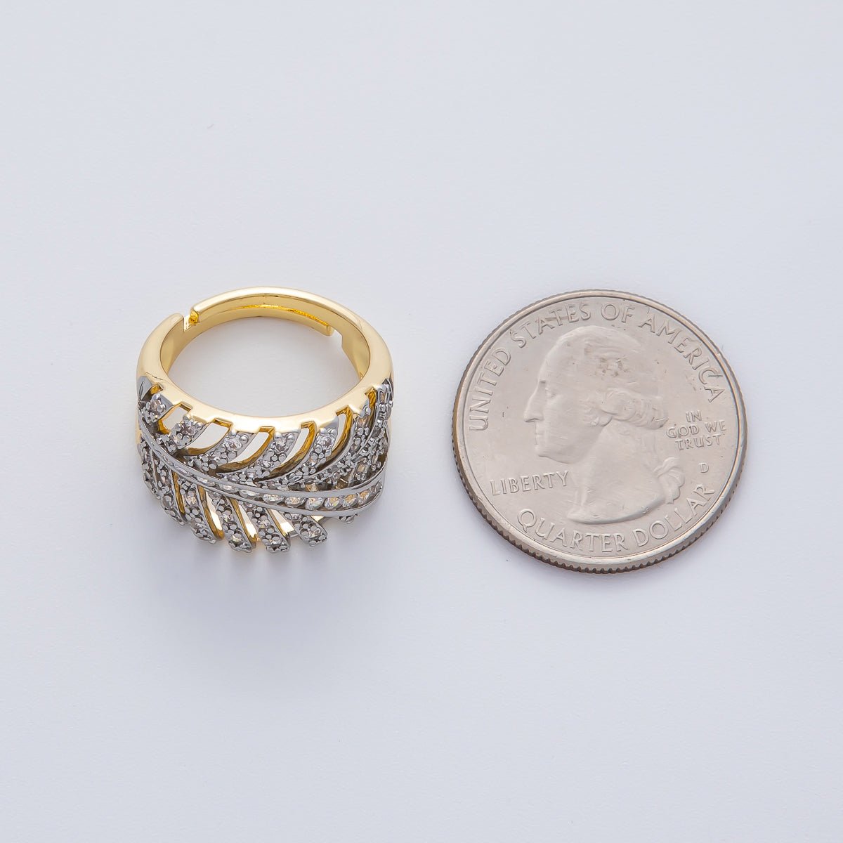 18K Gold Filled Mixed Metal Micro Paved CZ Palm Leaf Ring | O759 - DLUXCA