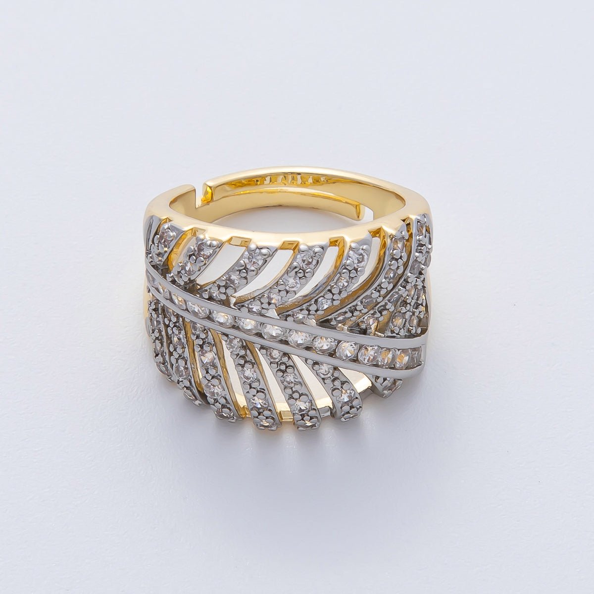 18K Gold Filled Mixed Metal Micro Paved CZ Palm Leaf Ring | O759 - DLUXCA