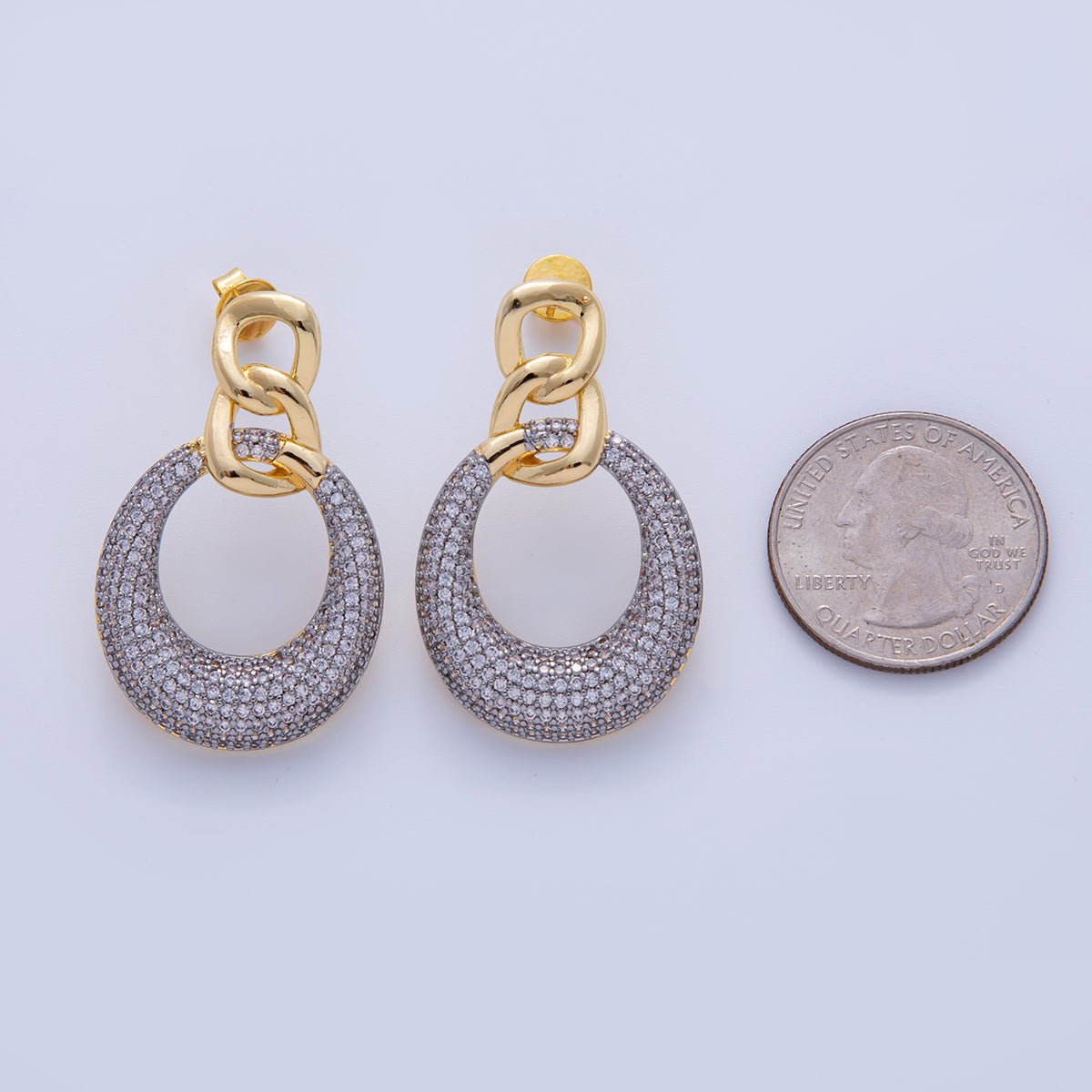 18K Gold Filled Mixed Metal Micro Paved CZ Round Curb Link Drop Stud Earrings | AI340 - DLUXCA