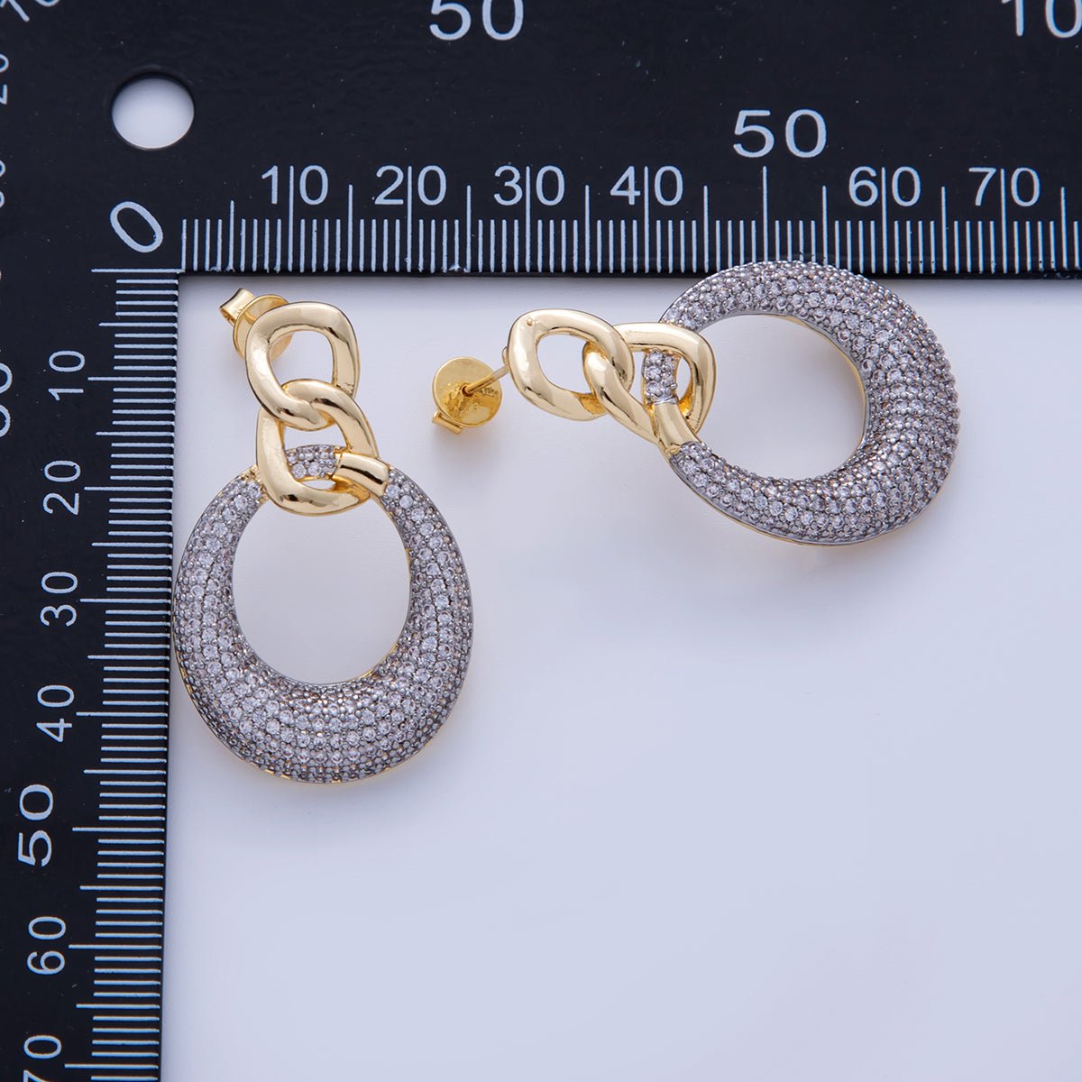 18K Gold Filled Mixed Metal Micro Paved CZ Round Curb Link Drop Stud Earrings | AI340 - DLUXCA