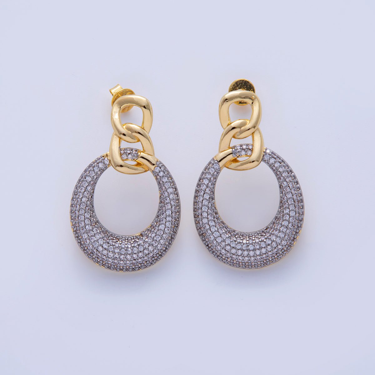 18K Gold Filled Mixed Metal Micro Paved CZ Round Curb Link Drop Stud Earrings | AI340 - DLUXCA