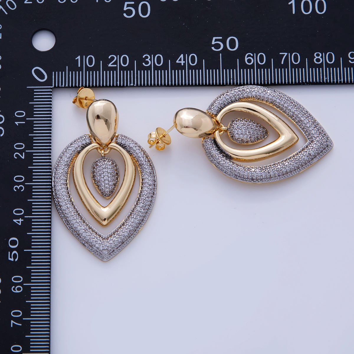 18K Gold Filled Mixed Metal Micro Paved CZ Teardrop Drop Stud Earrings | AI341 - DLUXCA