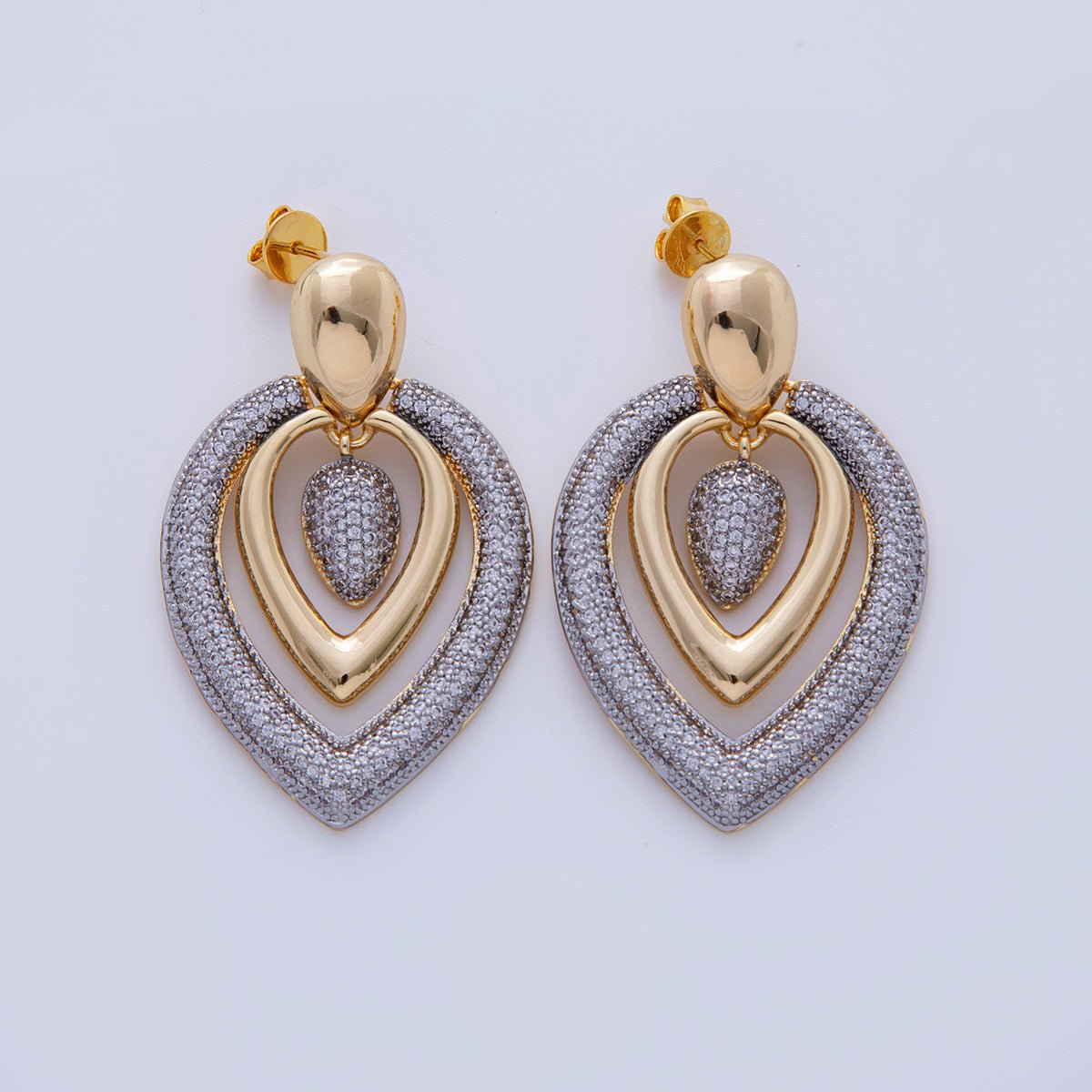 18K Gold Filled Mixed Metal Micro Paved CZ Teardrop Drop Stud Earrings | AI341 - DLUXCA
