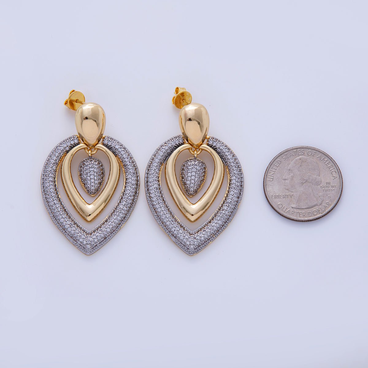 18K Gold Filled Mixed Metal Micro Paved CZ Teardrop Drop Stud Earrings | AI341 - DLUXCA