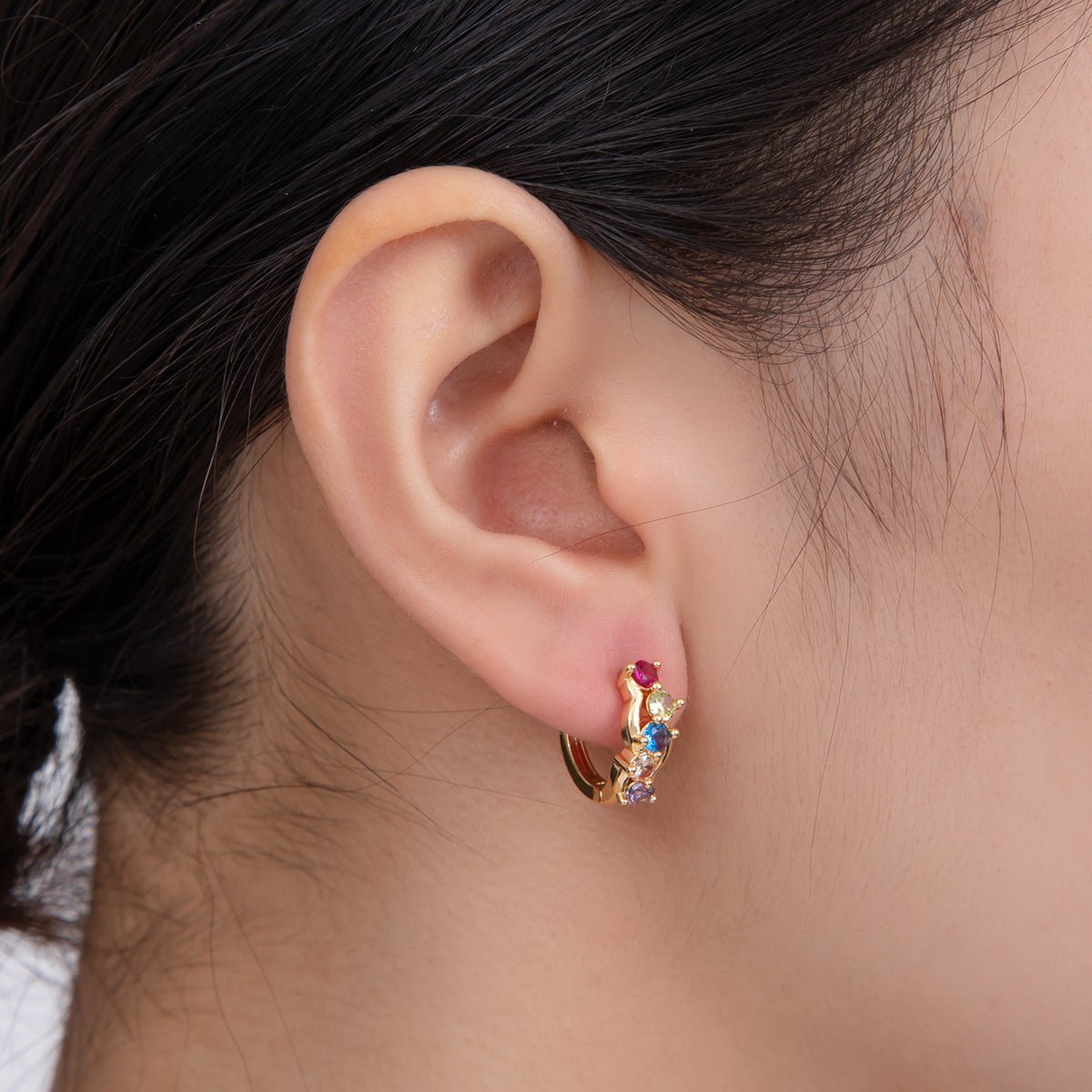 18K Gold Filled Multicolor CZ Cluster 15mm Huggie Earrings | AI350 - DLUXCA